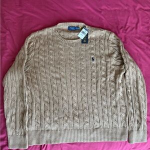 Ralph Lauren Men’s Cable Crewneck Sweater in Tan with Navy Pony